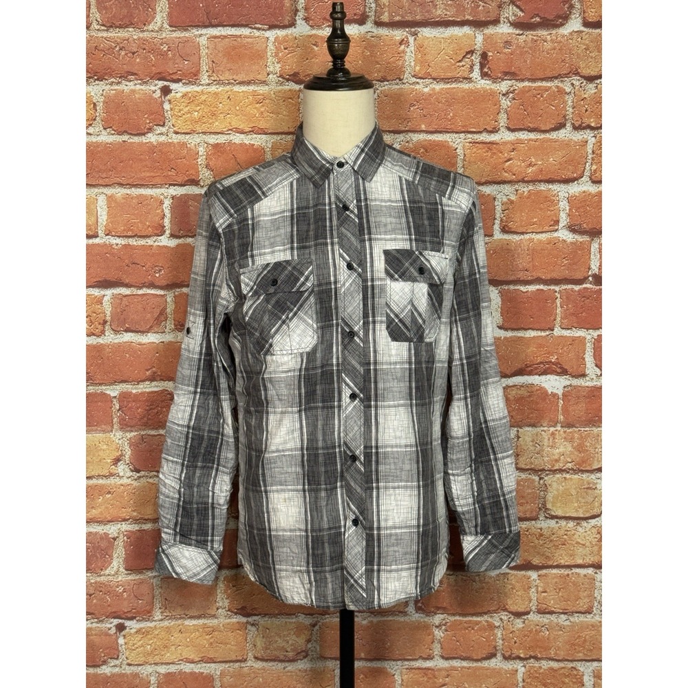 Rock & Republic Men's Gray Plaid Roll Tab Long Sleeve Button Down Shirt Sz Large
